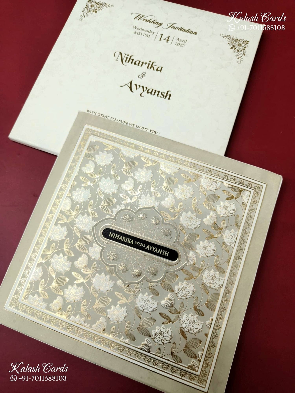 KLB-1175 White Creme Floral Embossed Semi Box Wedding Card (2 Page & Couple Name Wooden Plate)