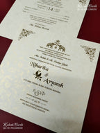 KLB-1175 White Creme Floral Embossed Semi Box Wedding Card (2 Page & Couple Name Wooden Plate)