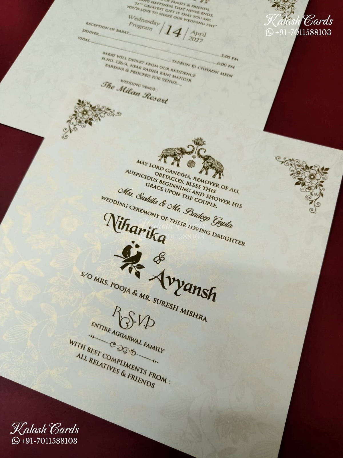 KLB-1175 White Creme Floral Embossed Semi Box Wedding Card (2 Page & Couple Name Wooden Plate)