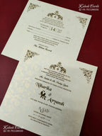 KLB-1175 White Creme Floral Embossed Semi Box Wedding Card (2 Page & Couple Name Wooden Plate)