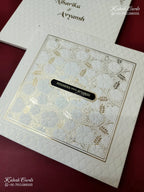 KLB-1176 White Floral Embossed Semi Box Wedding Card (2 Page & Couple Name Wooden Plate)