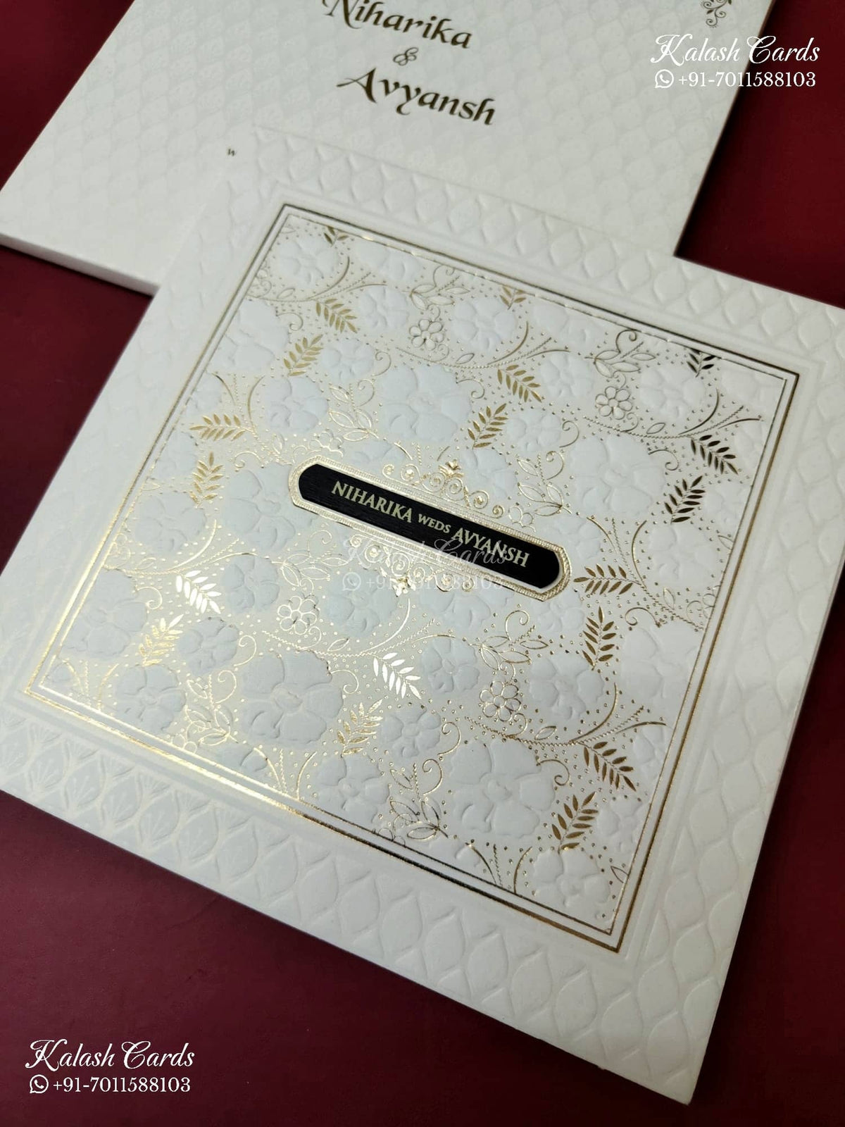 KLB-1176 White Floral Embossed Semi Box Wedding Card (2 Page & Couple Name Wooden Plate)