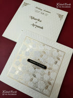 KLB-1176 White Floral Embossed Semi Box Wedding Card (2 Page & Couple Name Wooden Plate)