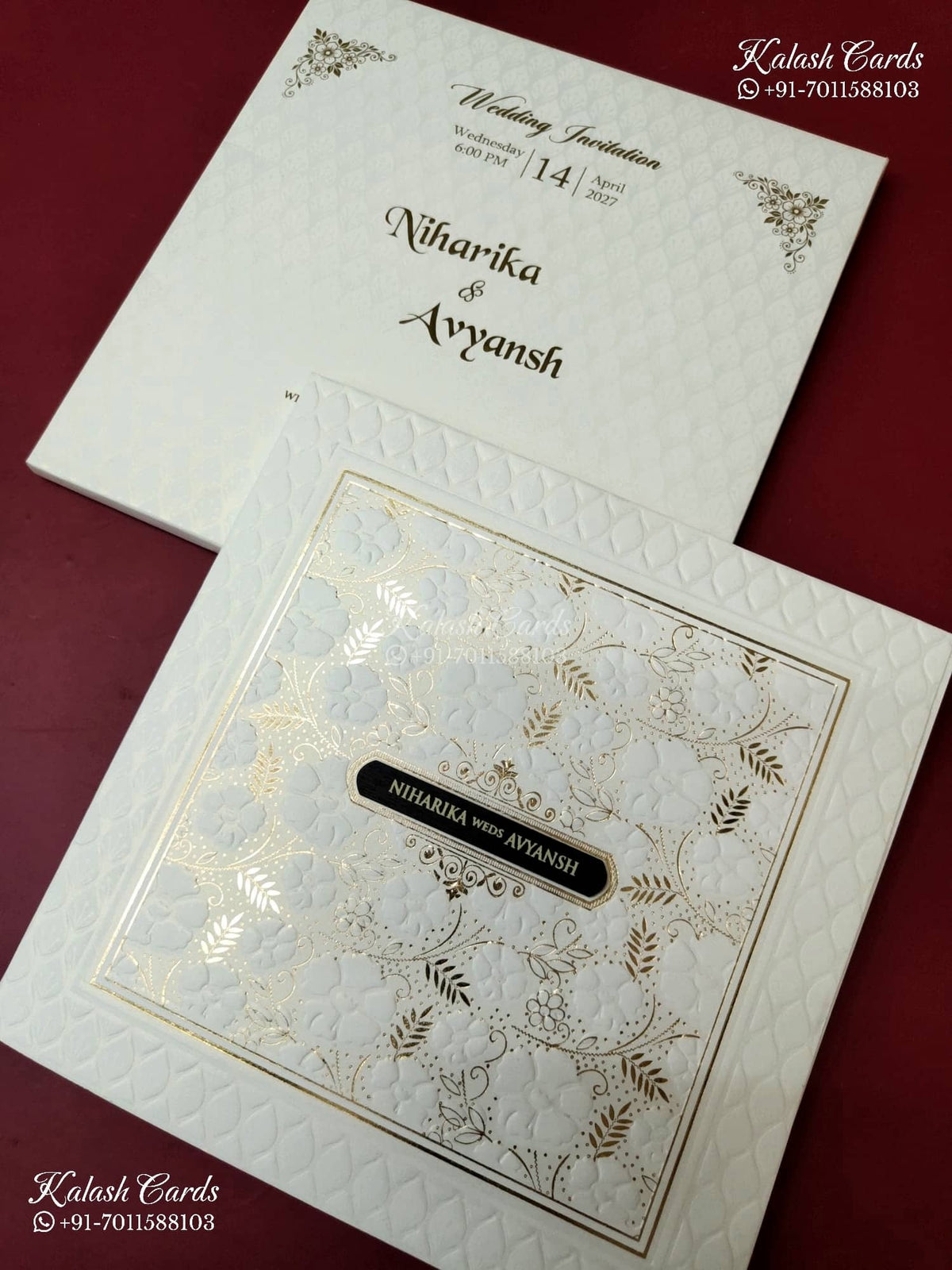 KLB-1176 White Floral Embossed Semi Box Wedding Card (2 Page & Couple Name Wooden Plate)