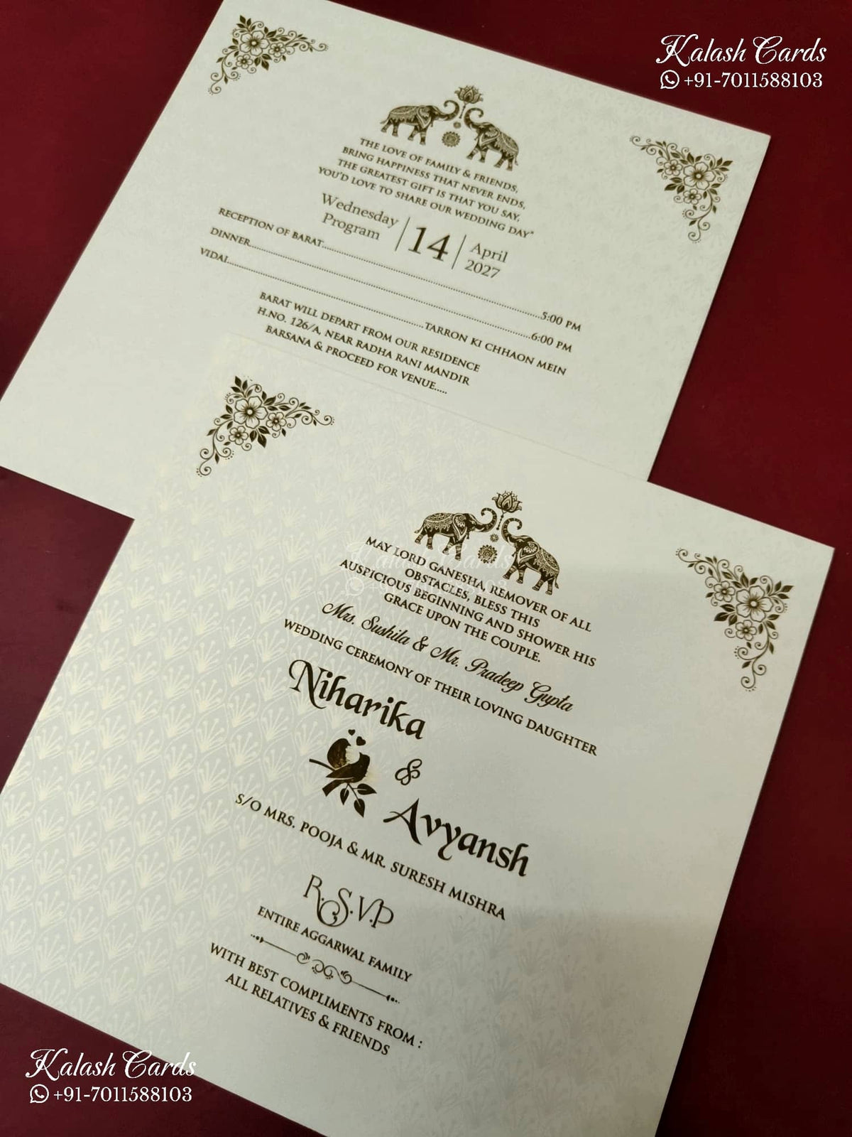KLB-1176 White Floral Embossed Semi Box Wedding Card (2 Page & Couple Name Wooden Plate)
