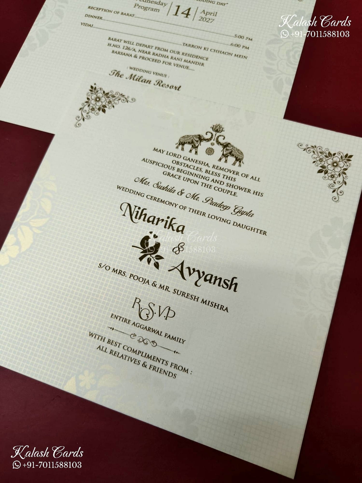KLB-1177 White Floral Embossed Semi Box Wedding Card (2 Page)