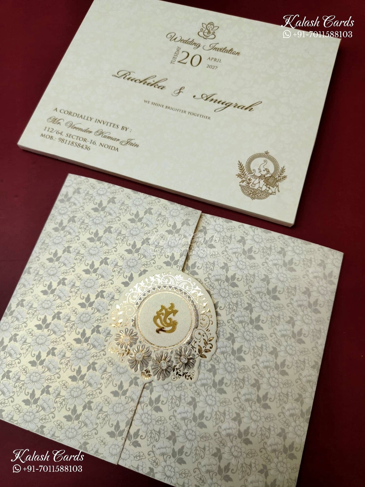 KLB-1178 White Creme Floral Door Style Embossed Semi Box Wedding Card (2 Page)