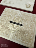 KLB-1179 White Creme Floral Embossed Semi Box Wedding Card (2 Page & Couple Name Wooden Plate)
