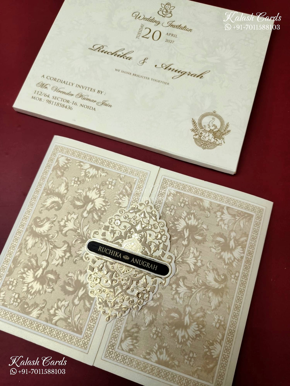 KLB-1179 White Creme Floral Embossed Semi Box Wedding Card (2 Page & Couple Name Wooden Plate)