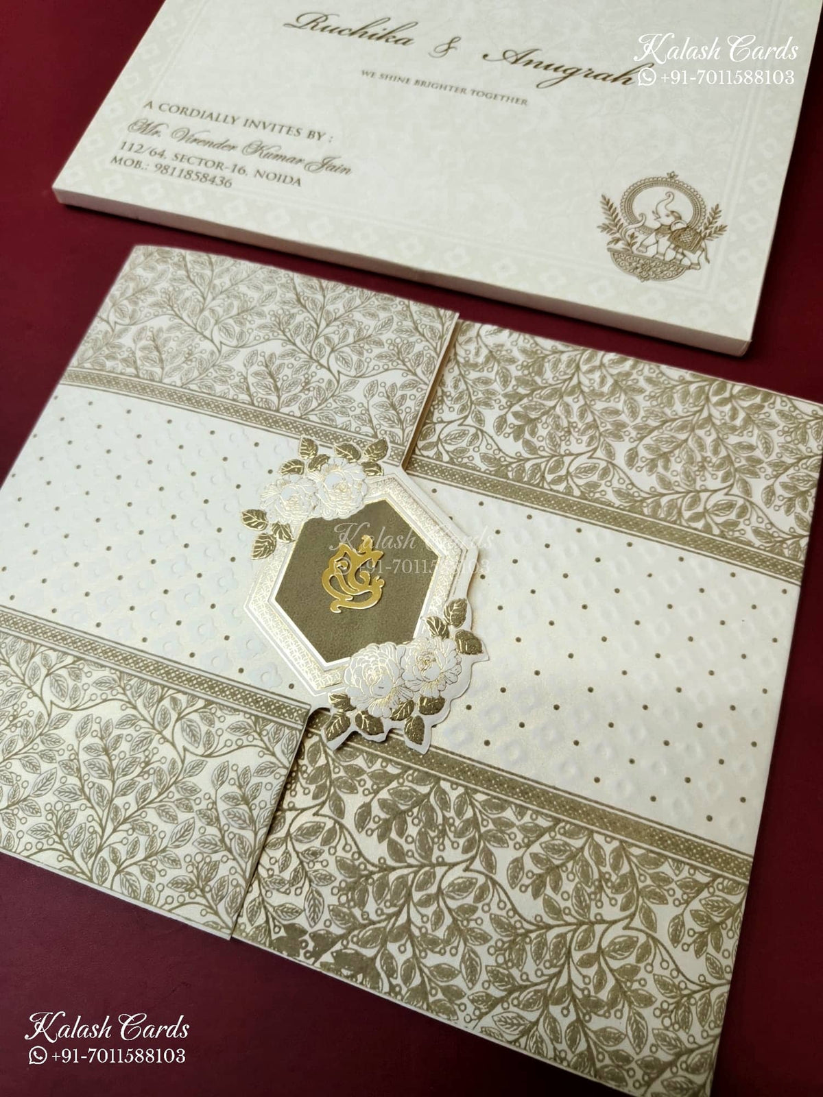 KLB-1180 White Green Floral Door Style Embossed Semi Box Wedding Card (2 Page)