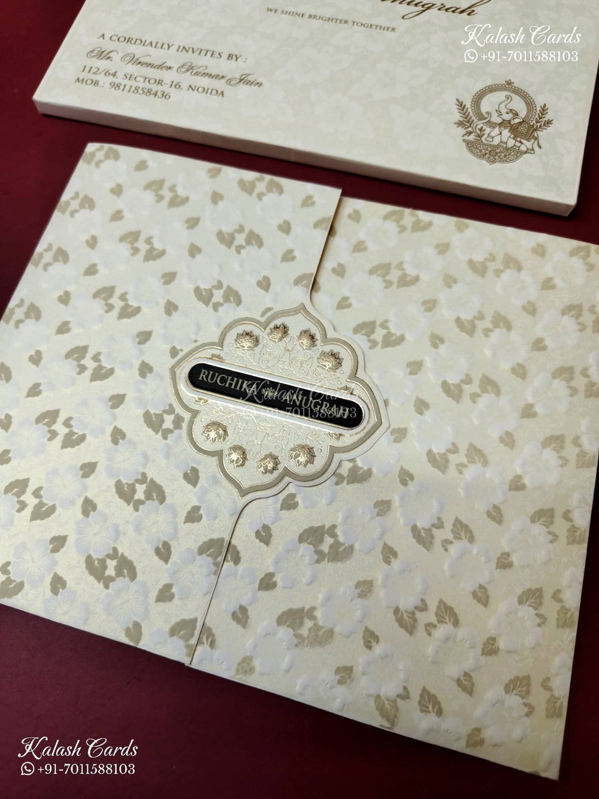 KLB-1181 White Creme Floral Door Style Embossed Semi Box Wedding Card (2 Page & Couple Name Wooden Plate)