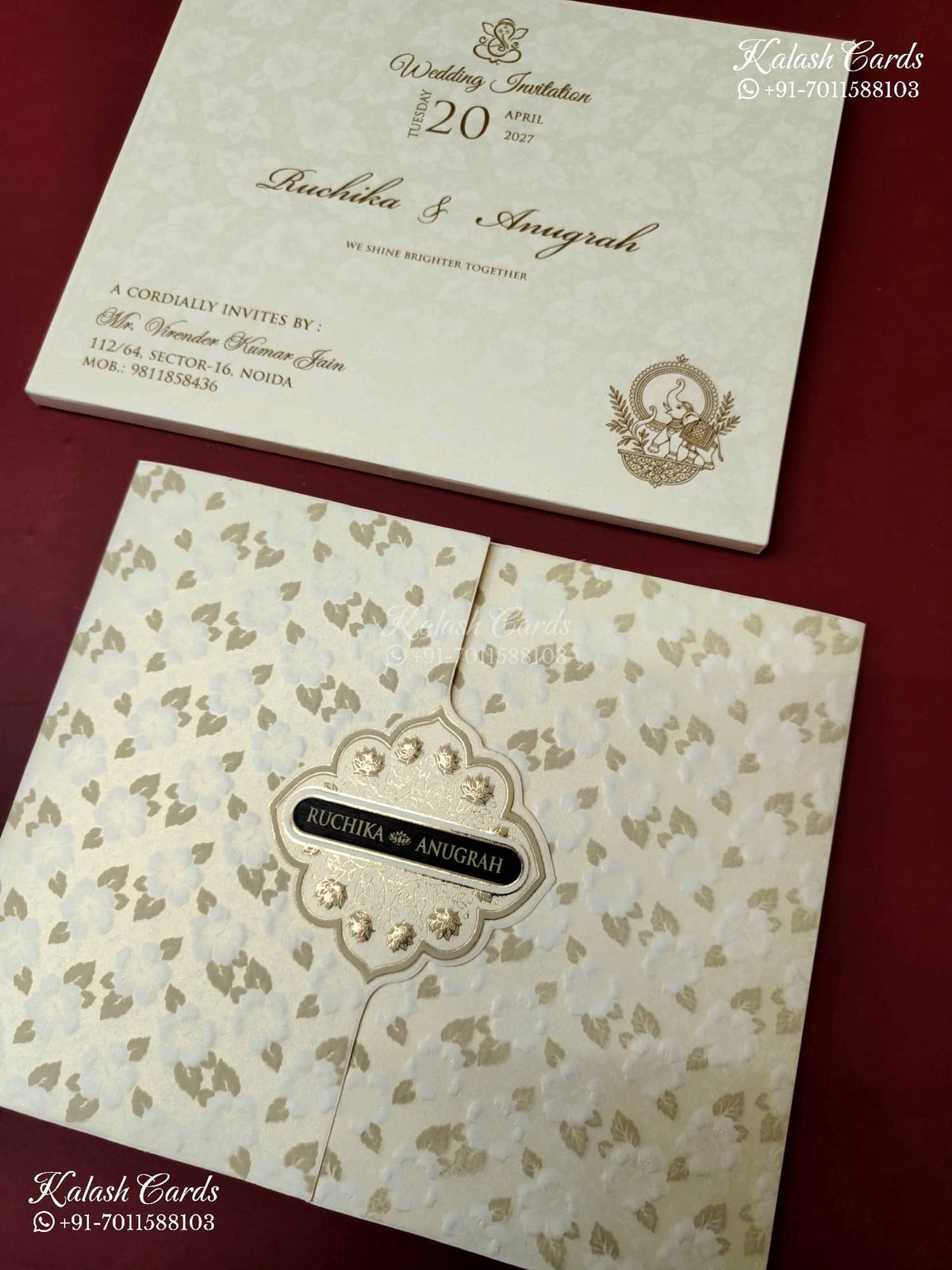 KLB-1181 White Creme Floral Door Style Embossed Semi Box Wedding Card (2 Page & Couple Name Wooden Plate)