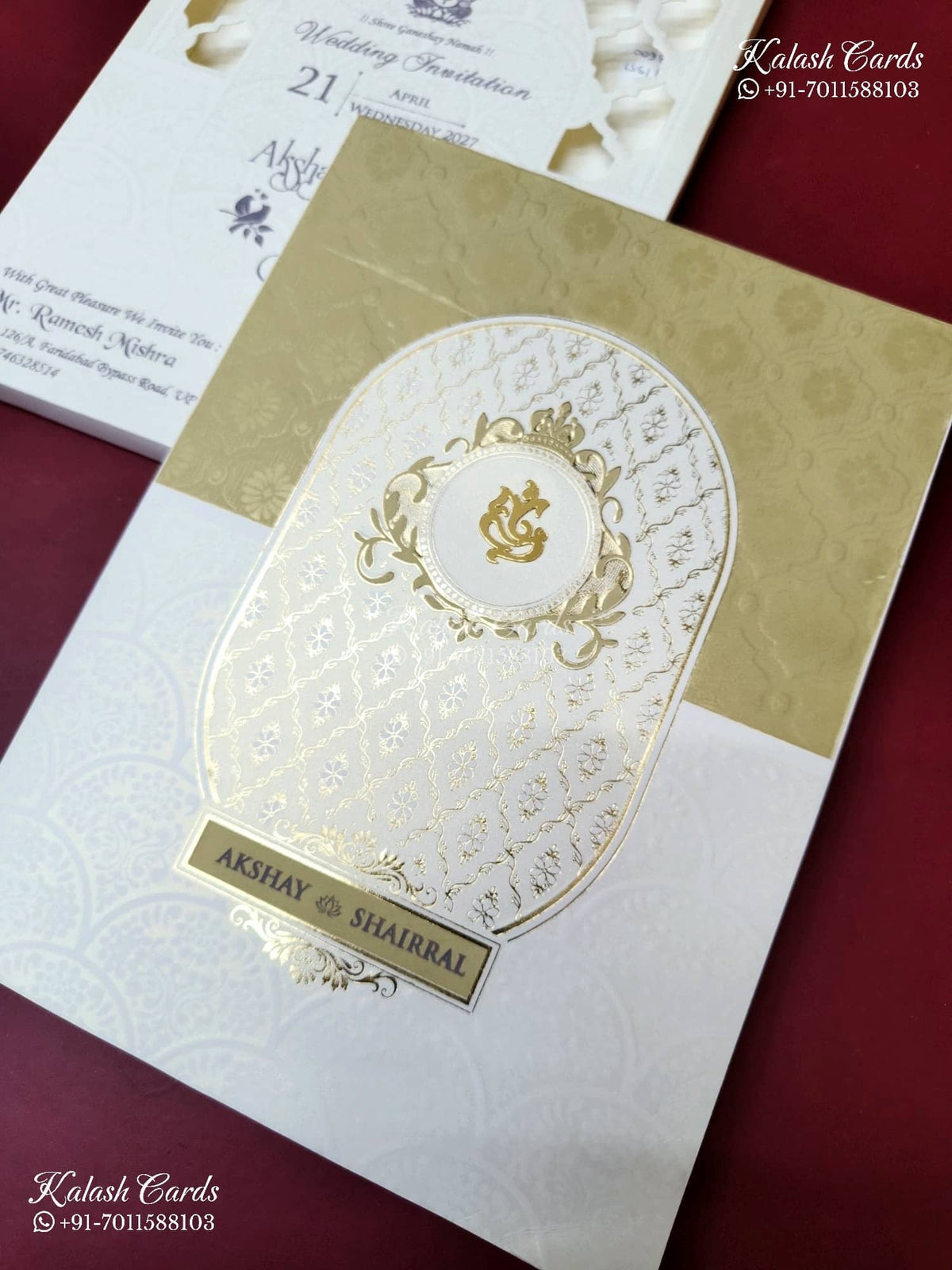 KLB-1182 White Creme Traditional Laser Cut Embossed Semi Box Wedding Card (2 Page)