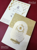 KLB-1182 White Creme Traditional Laser Cut Embossed Semi Box Wedding Card (2 Page)