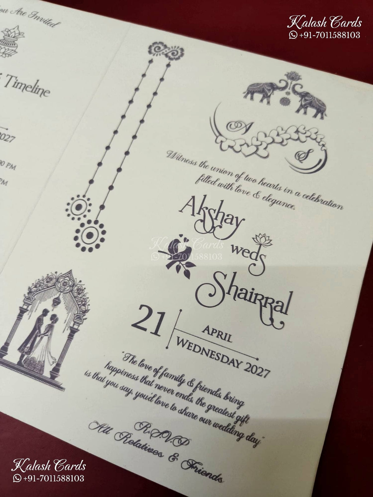 KLB-1182 White Creme Traditional Laser Cut Embossed Semi Box Wedding Card (2 Page)