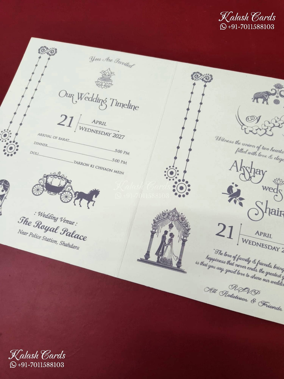 KLB-1182 White Creme Traditional Laser Cut Embossed Semi Box Wedding Card (2 Page)