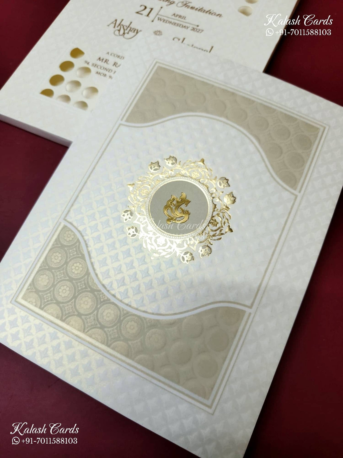 KLB-1184 White Creme Traditional Laser Cut Embossed Semi Box Wedding Card (2 Page)