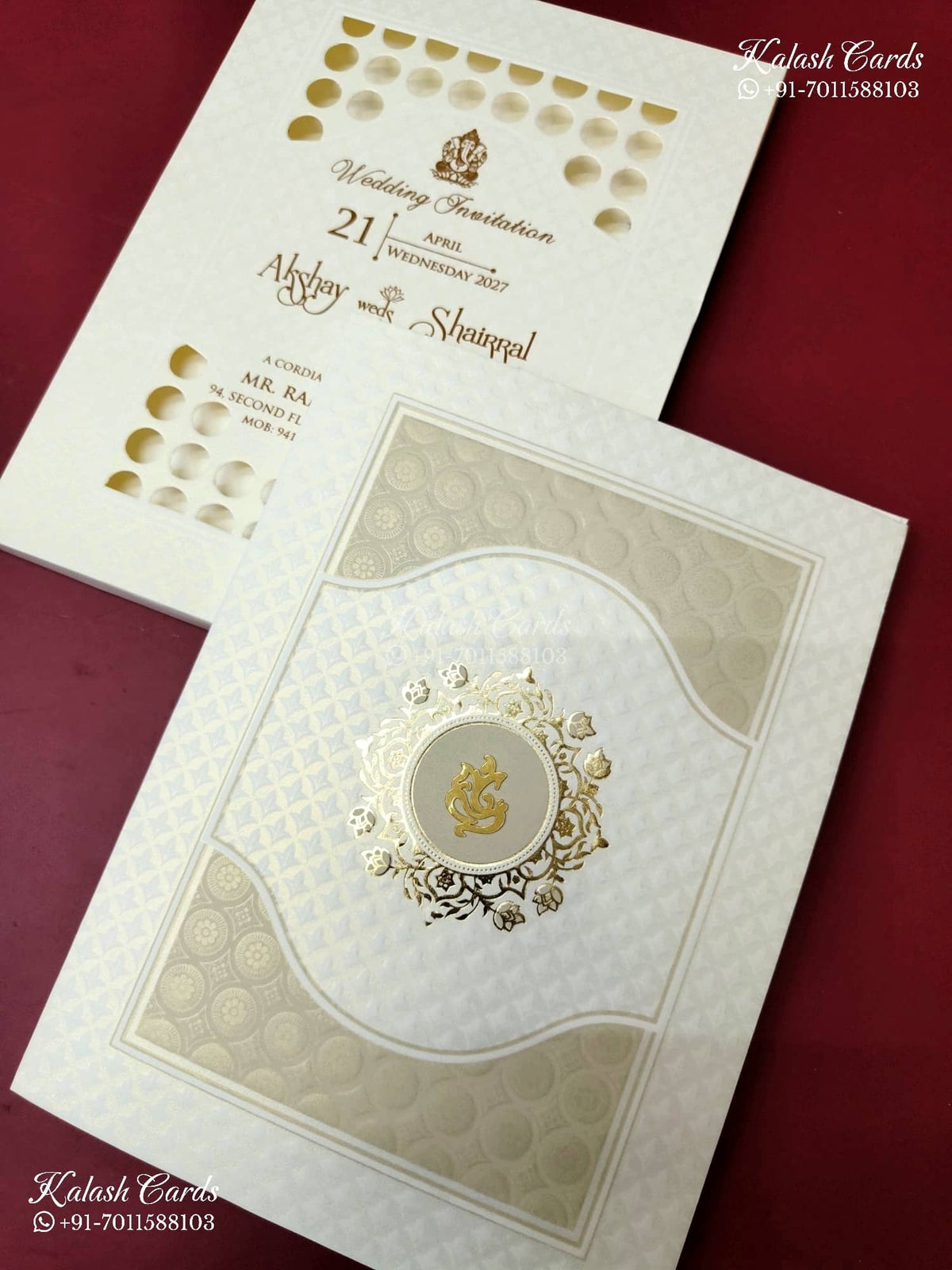KLB-1184 White Creme Traditional Laser Cut Embossed Semi Box Wedding Card (2 Page)