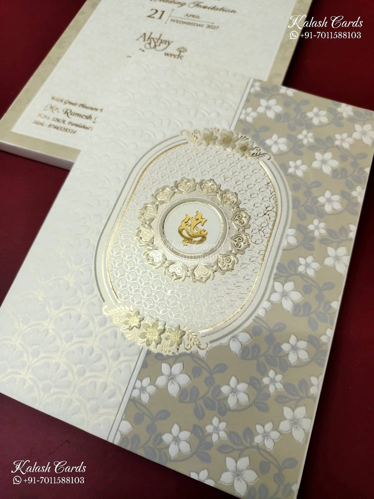 KLB-1185 White Creme Floral Embossed Semi Box Wedding Card (2 Page)