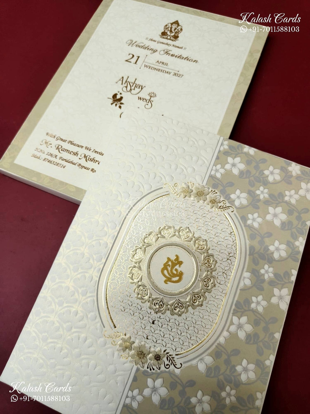 KLB-1185 White Creme Floral Embossed Semi Box Wedding Card (2 Page)