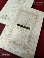 KLB-1186 White Green Traditional Embossed Semi Box Wedding Card (2 Page & Couple Name Wooden Plate)