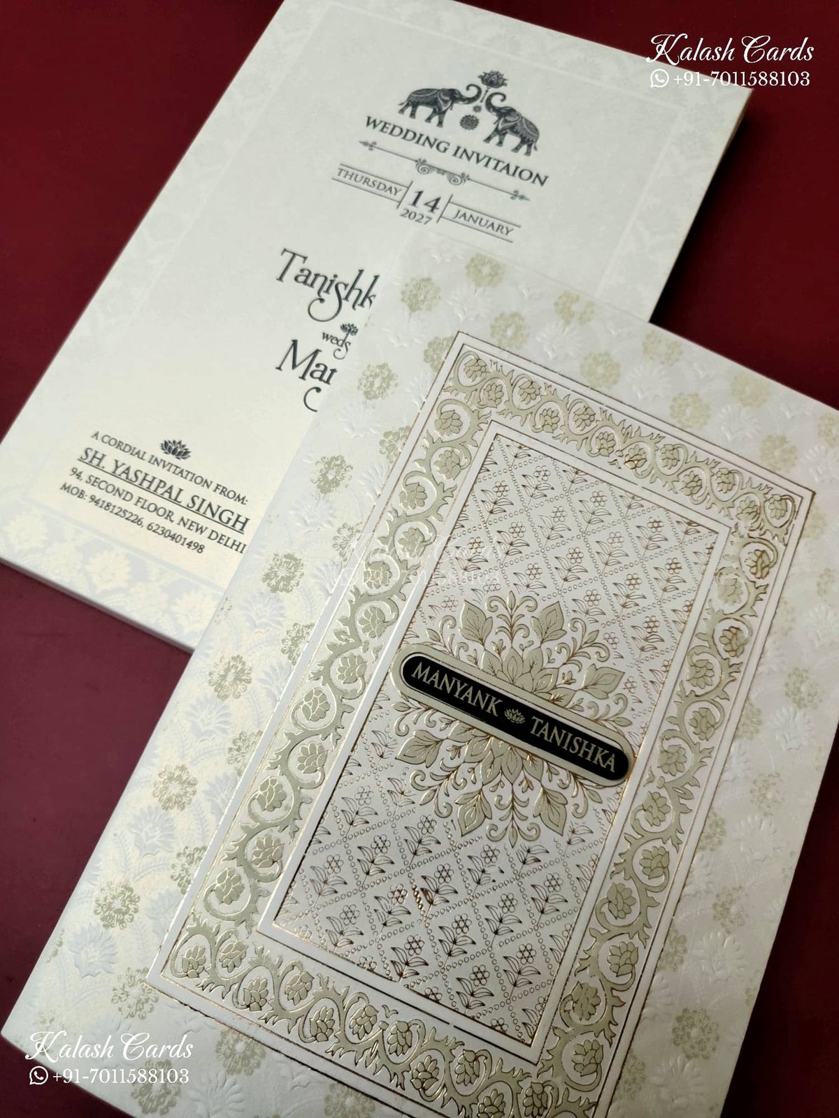 KLB-1186 White Green Traditional Embossed Semi Box Wedding Card (2 Page & Couple Name Wooden Plate)
