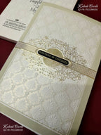 KLB-1187 White Creme Traditional Embossed Semi Box Wedding Card (2 Page & Couple Name Wooden Plate)