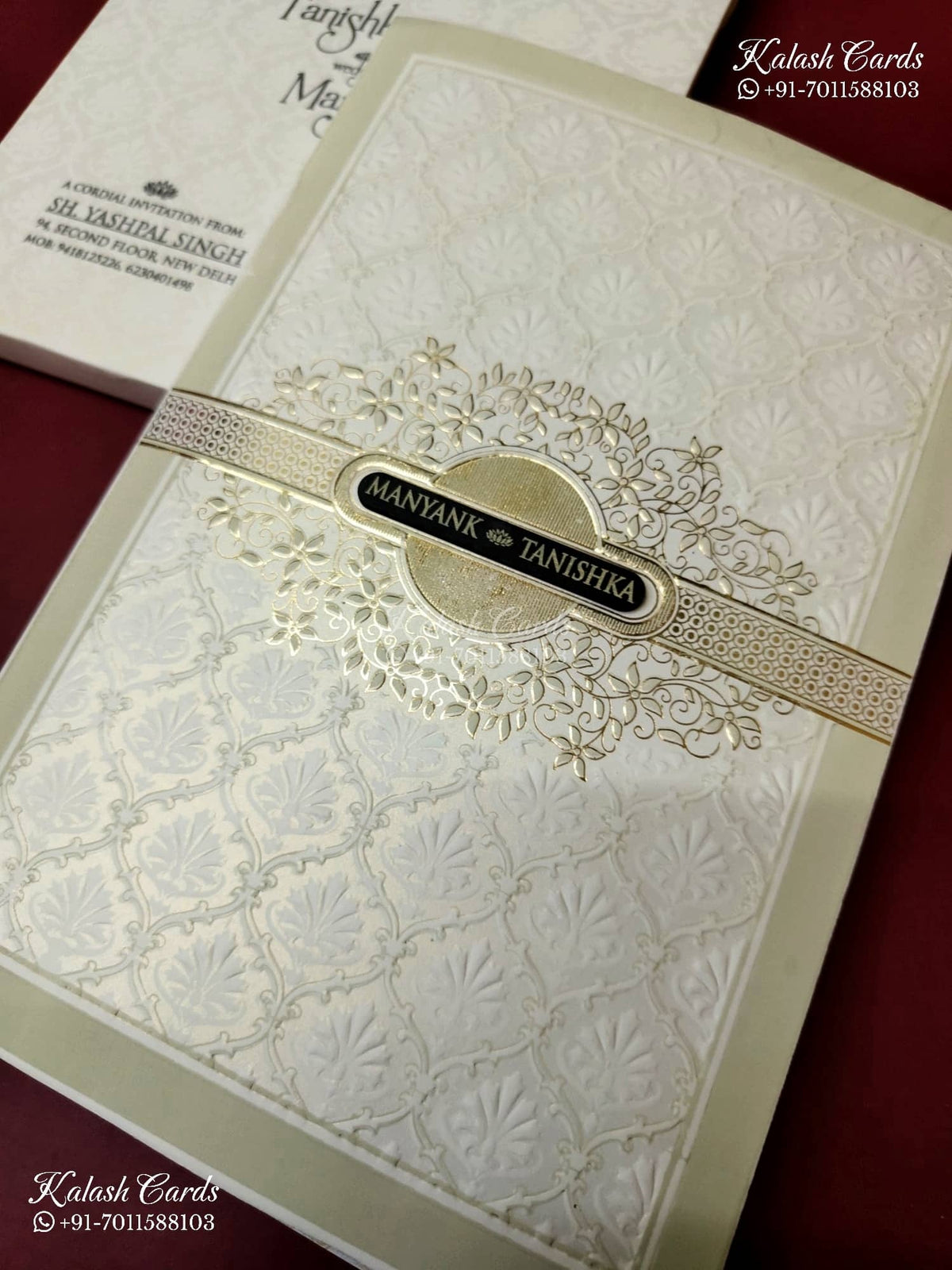 KLB-1187 White Creme Traditional Embossed Semi Box Wedding Card (2 Page & Couple Name Wooden Plate)