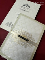 KLB-1187 White Creme Traditional Embossed Semi Box Wedding Card (2 Page & Couple Name Wooden Plate)