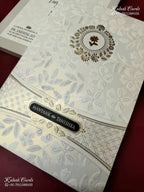 KLB-1188 White Floral Embossed Semi Box Wedding Card (2 Page & Couple Name Wooden Plate)