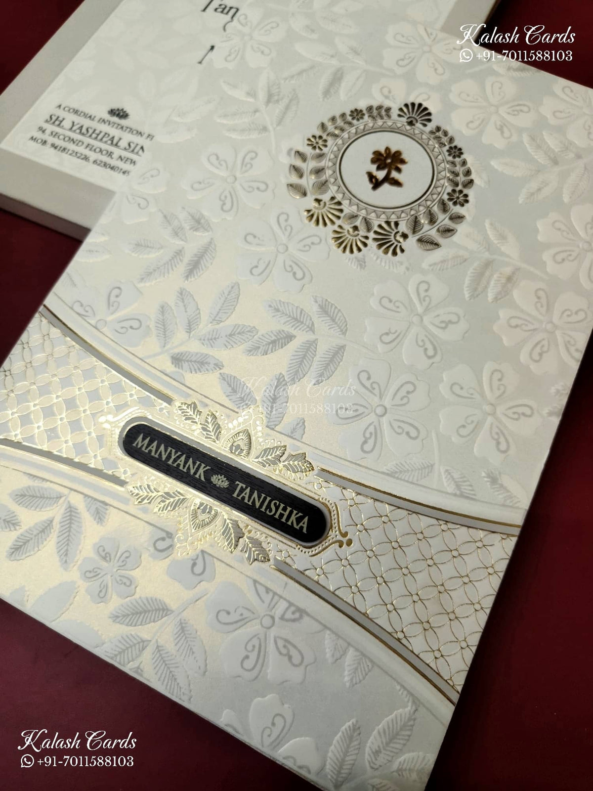 KLB-1188 White Floral Embossed Semi Box Wedding Card (2 Page & Couple Name Wooden Plate)