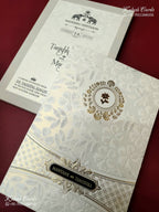 KLB-1188 White Floral Embossed Semi Box Wedding Card (2 Page & Couple Name Wooden Plate)