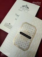 KLB-1189 White Creme Traditional Embossed Semi Box Wedding Card (2 Page & Couple Name Wooden Plate)