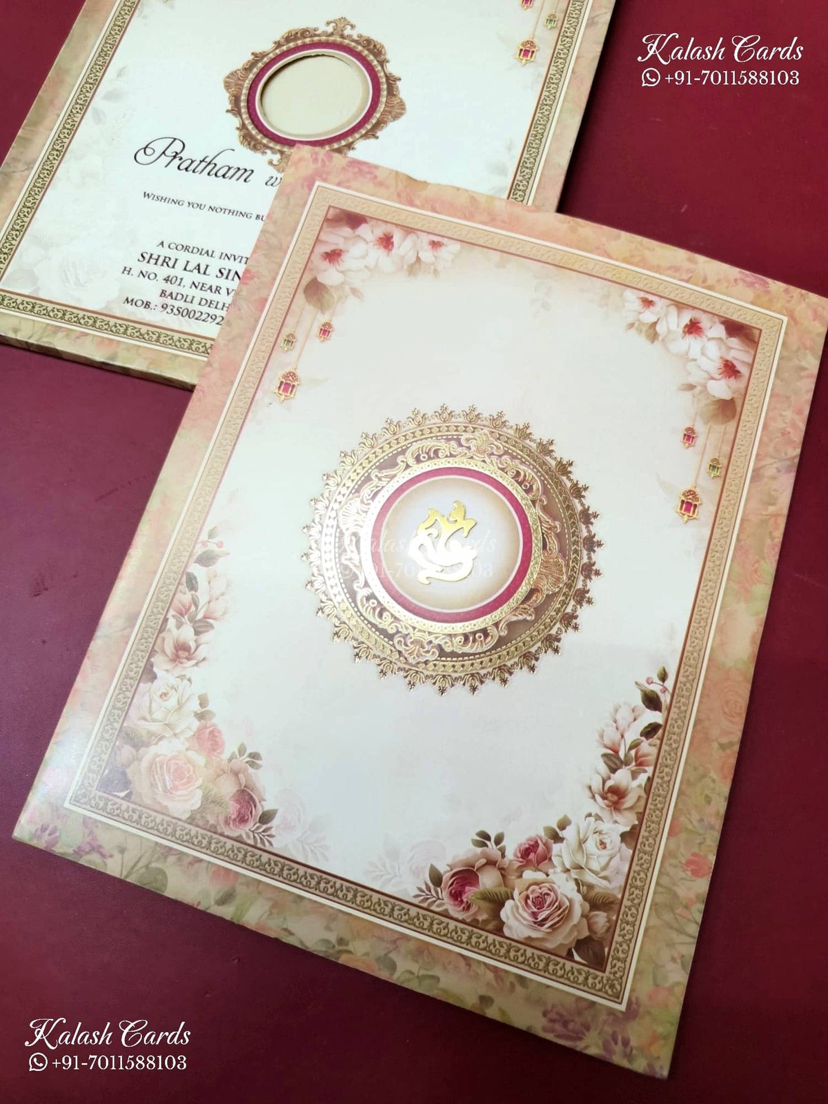 KLB-1190 Creme Peach Rose Floral Semi Box Wedding Card (2 Page)