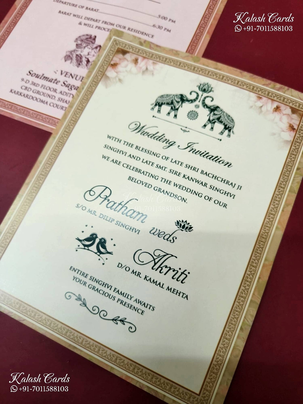 KLB-1190 Creme Peach Rose Floral Semi Box Wedding Card (2 Page)