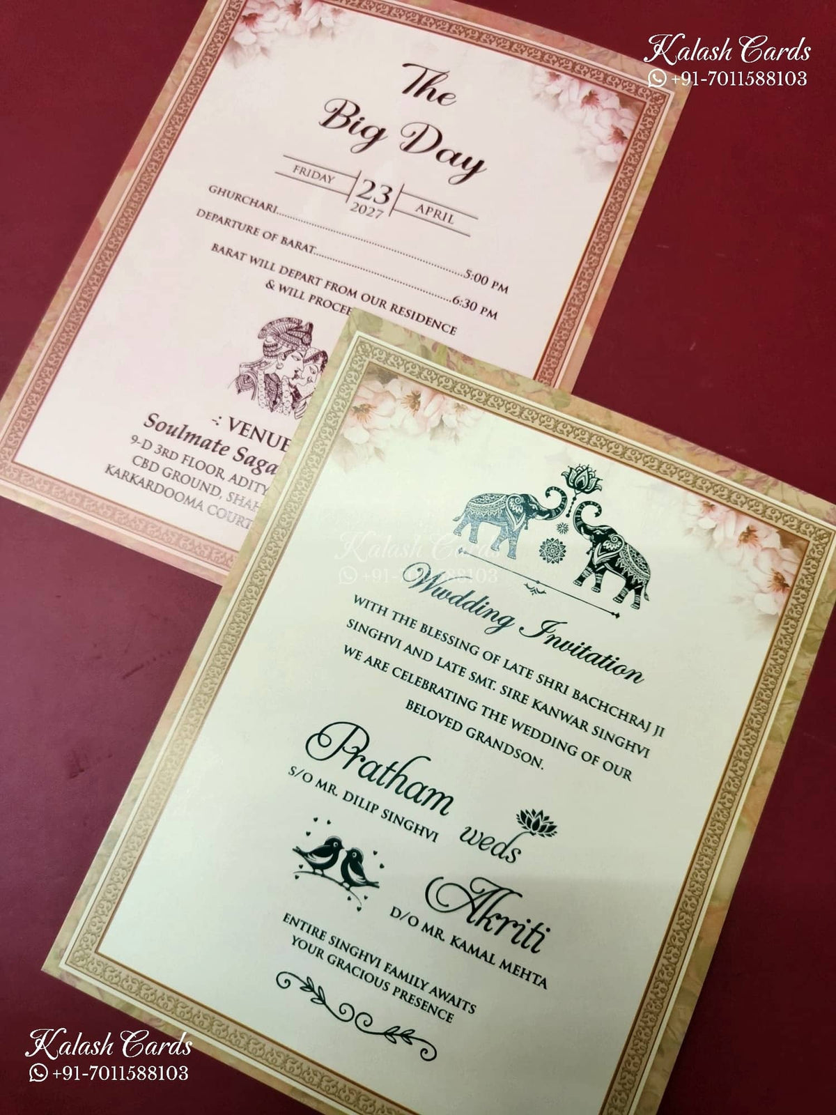 KLB-1190 Creme Peach Rose Floral Semi Box Wedding Card (2 Page)