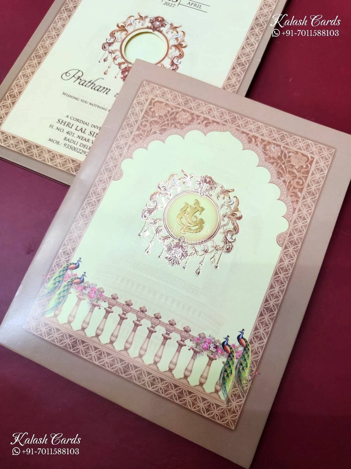 KLB-1191 Creme Pink Royal Arch Peacock Semi Box Wedding Card (2 Page)