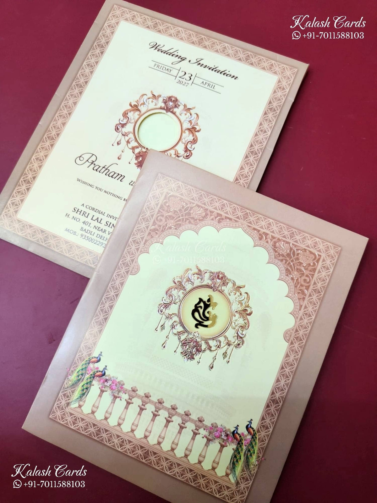KLB-1191 Creme Pink Royal Arch Peacock Semi Box Wedding Card (2 Page)