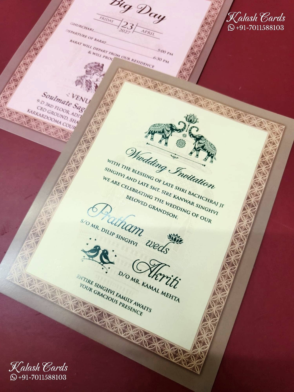KLB-1191 Creme Pink Royal Arch Peacock Semi Box Wedding Card (2 Page)