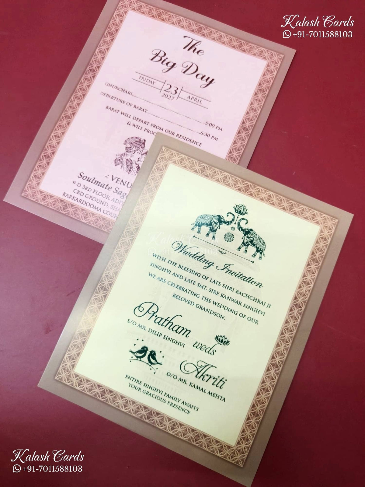 KLB-1191 Creme Pink Royal Arch Peacock Semi Box Wedding Card (2 Page)