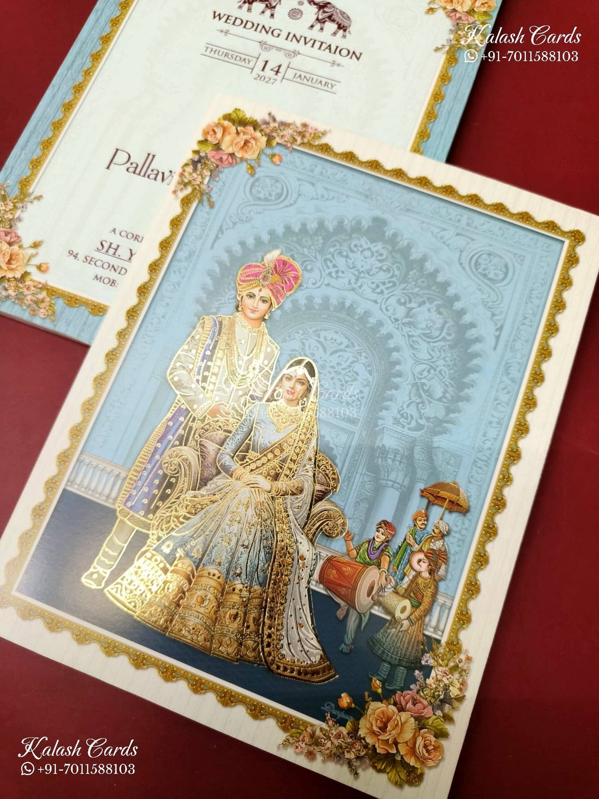 KLB-1192 Creme Blue Raja Rani Semi Box Wedding Card (2 Page)