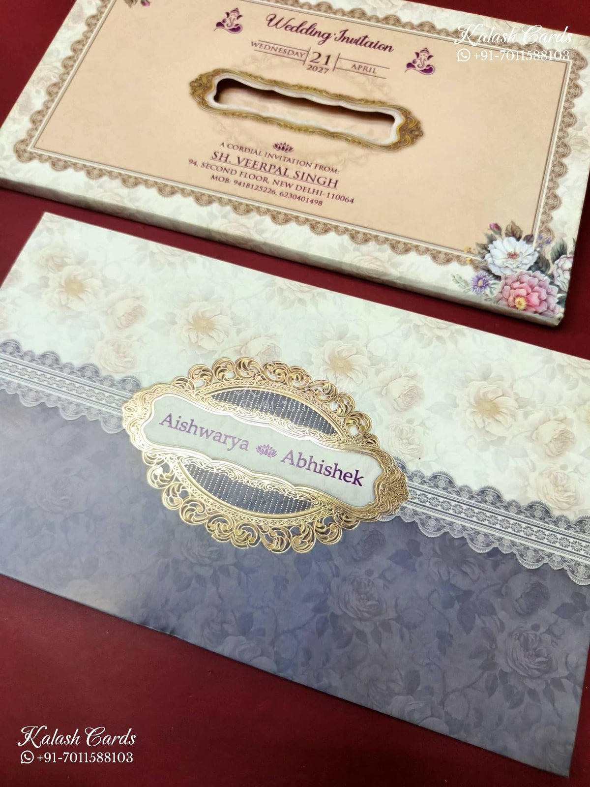 KLB-1196 Creme Purple Floral Semi Box Wedding Card (2 Page)