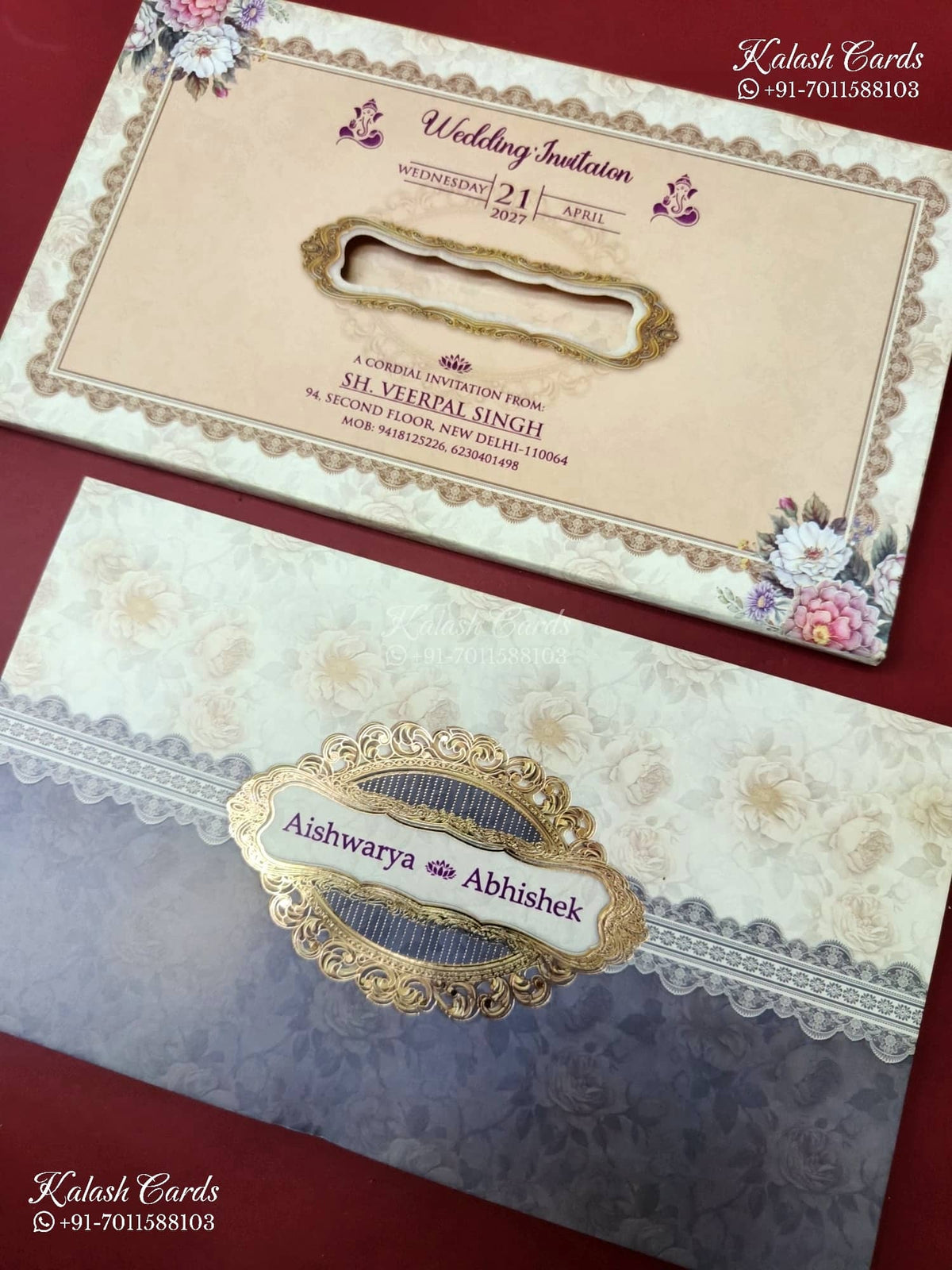 KLB-1196 Creme Purple Floral Semi Box Wedding Card (2 Page)