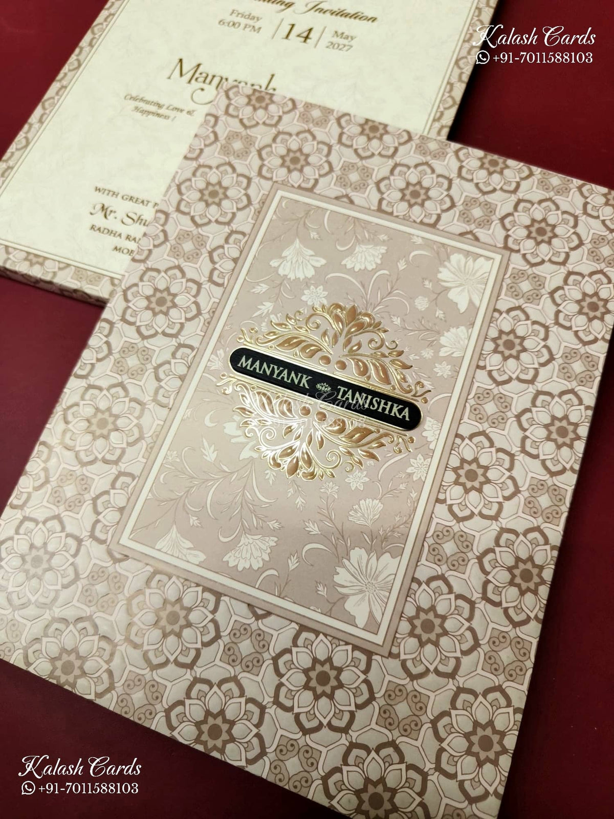 KLB-1198 Creme Brown Floral Semi Box Wedding Card (2 Page & Couple Name Wooden Plate)