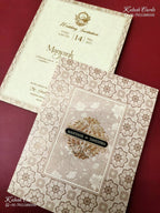KLB-1198 Creme Brown Floral Semi Box Wedding Card (2 Page & Couple Name Wooden Plate)