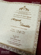KLB-1198 Creme Brown Floral Semi Box Wedding Card (2 Page & Couple Name Wooden Plate)