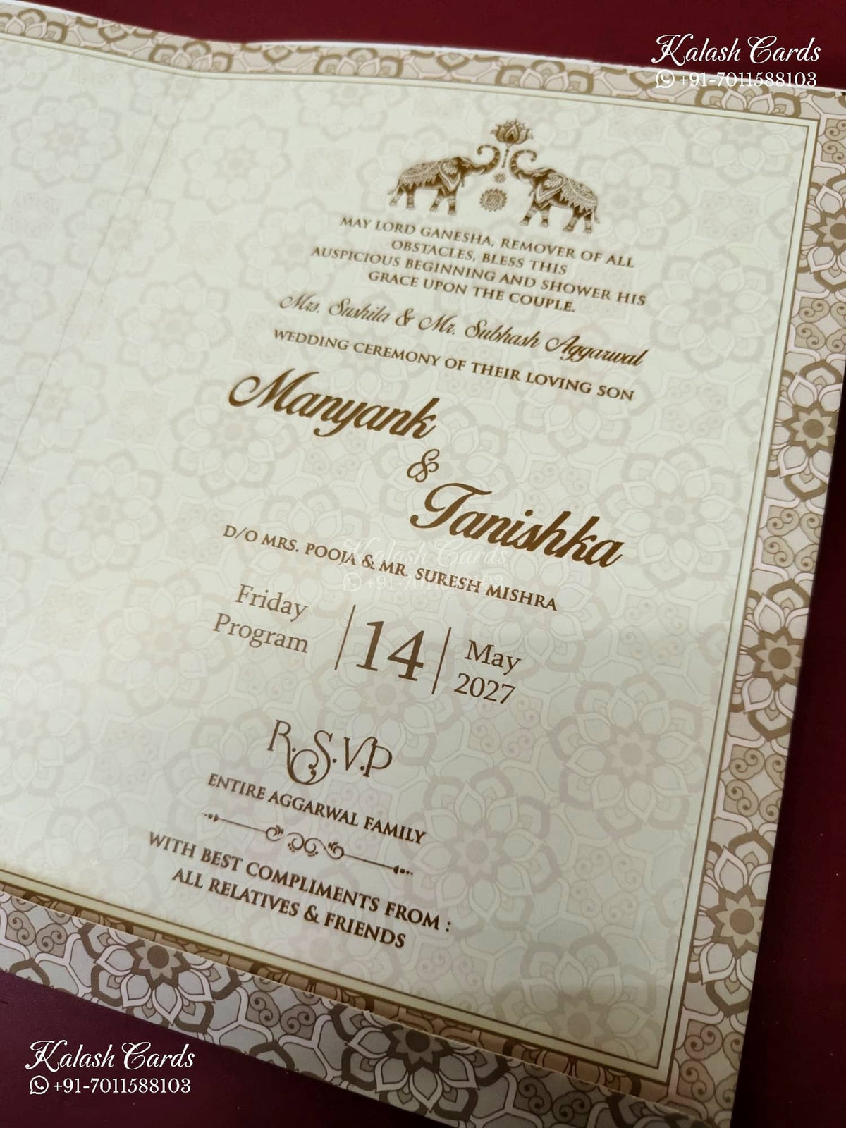 KLB-1198 Creme Brown Floral Semi Box Wedding Card (2 Page & Couple Name Wooden Plate)