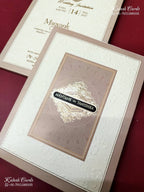 KLB-1199 Creme Brown Traditional Semi Box Wedding Card (2 Page & Couple Name Wooden Plate)