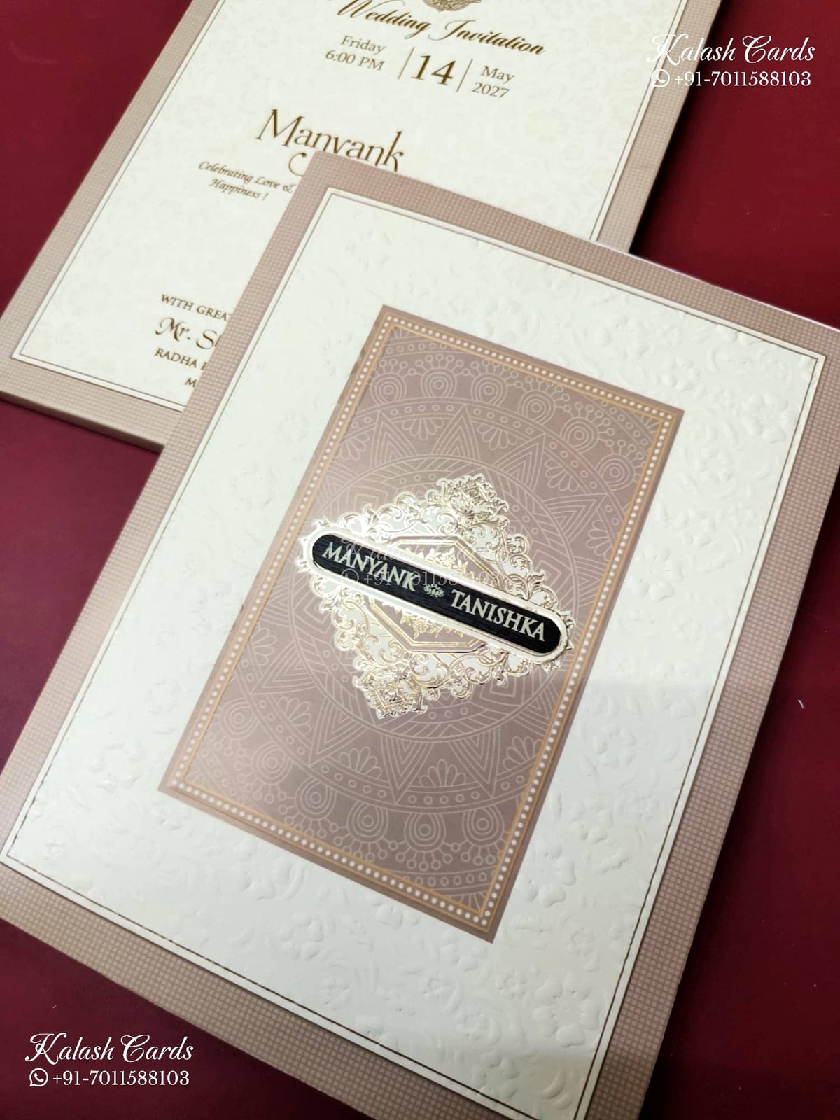 KLB-1199 Creme Brown Traditional Semi Box Wedding Card (2 Page & Couple Name Wooden Plate)