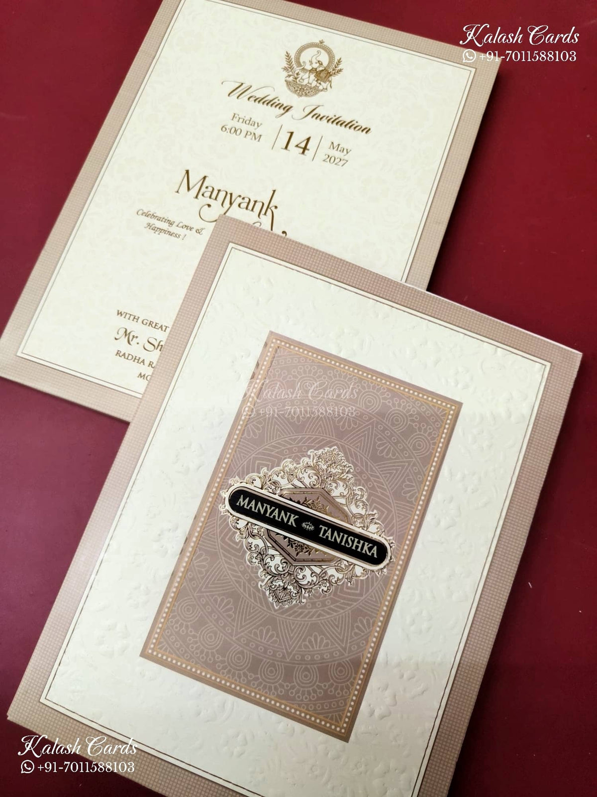 KLB-1199 Creme Brown Traditional Semi Box Wedding Card (2 Page & Couple Name Wooden Plate)